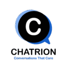 Chatrion AI Chatbot logo with a black chat bubble containing a white “C” over a blue outline bubble, and the tagline “Conversations That Care” below the brand name.